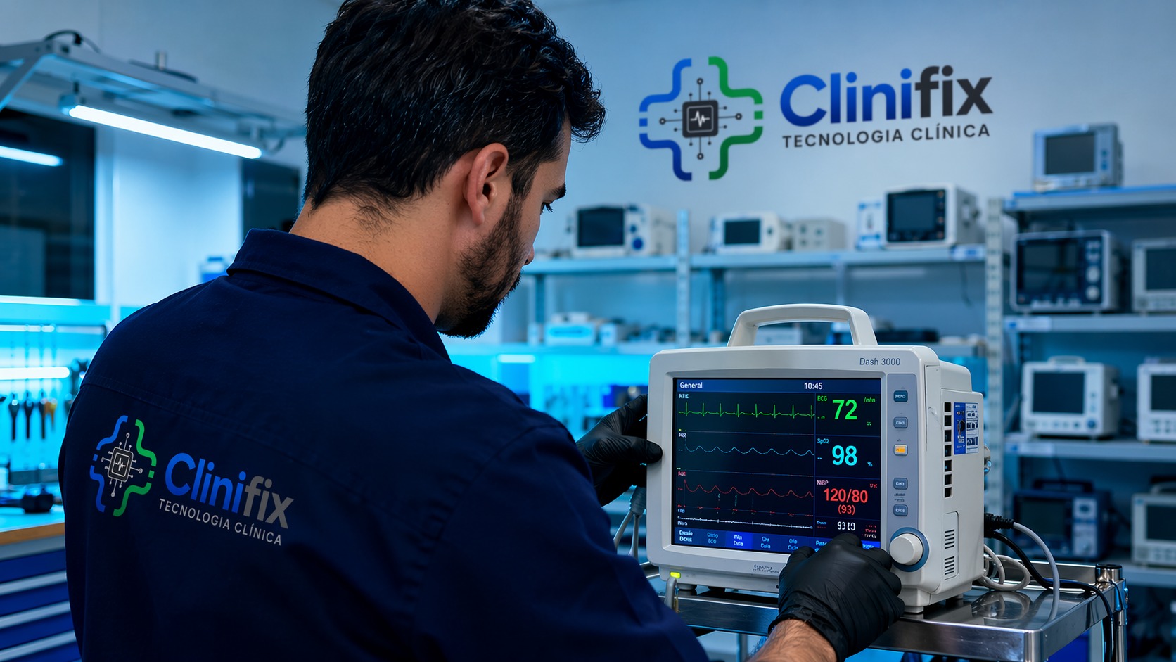 Profissional de engenharia clínica analisando dados em ambiente hospitalar